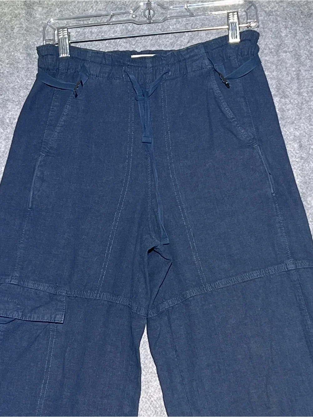 PILCRO Anthropologie Wide Leg Linen Cargo Pants Blue Cinch Waist XXS 30 Inseam